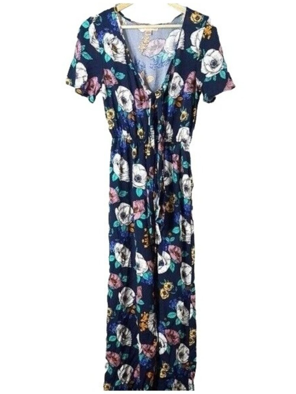 Band of Gypsies Floral Jumpsuit Blue Small Front Tie Boho Hippie Resort Beach
